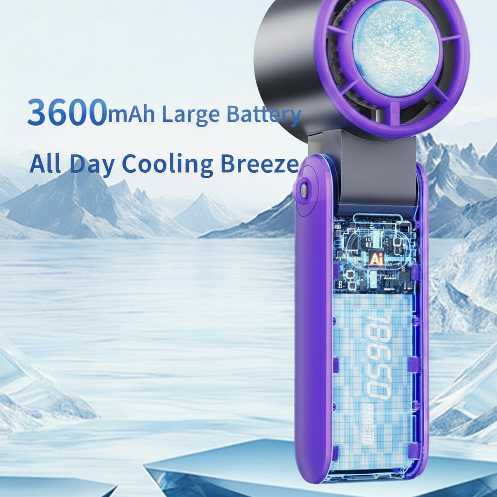 High-Speed Refrigeration Ice Handheld Small Fan Outdoor Portable Foldableable Small Hanging Neck Fan Digital Display Stepless Speed Adjustment
