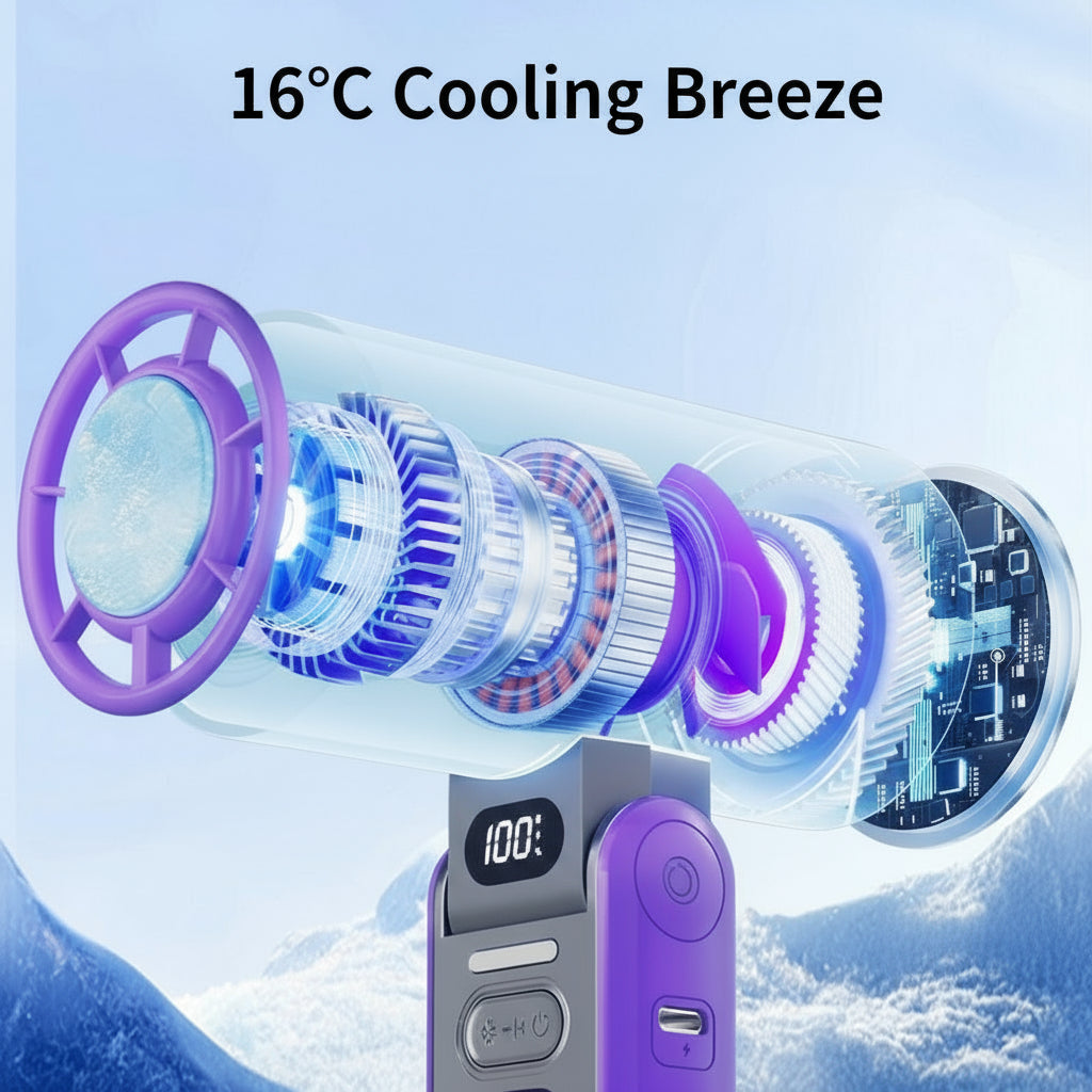 High-Speed Refrigeration Ice Handheld Small Fan Outdoor Portable Foldableable Small Hanging Neck Fan Digital Display Stepless Speed Adjustment